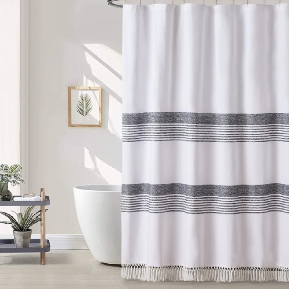 Artisyne Shower Curtain w/ Tassels，Charcoal Stripes, 100% Cotton-72x72”, NWOT